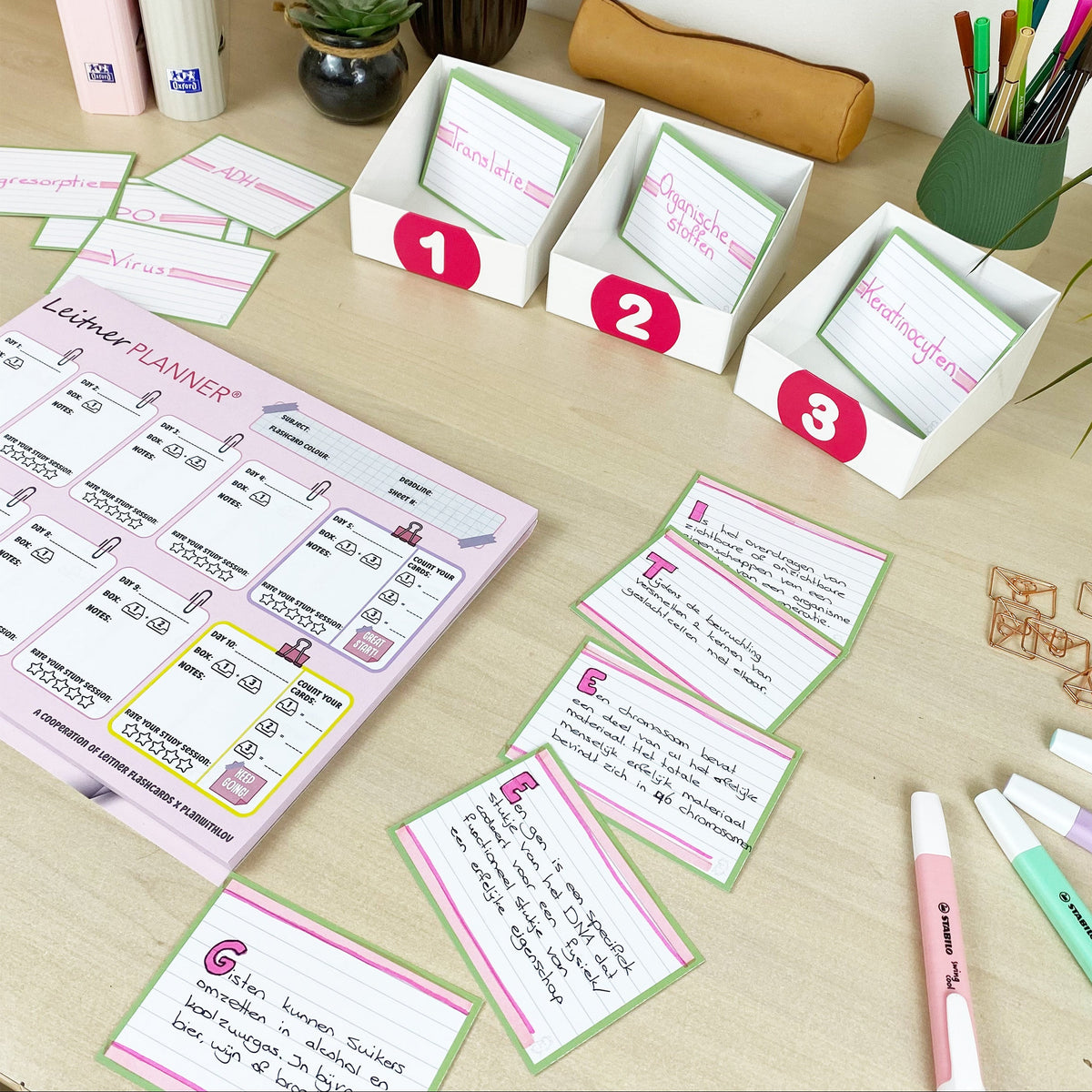 A styled desk setup featuring a planner insert page, several small white card organizers labeled 1, 2, and 3, loose handwritten cards, and colored markers on a light wood surface.