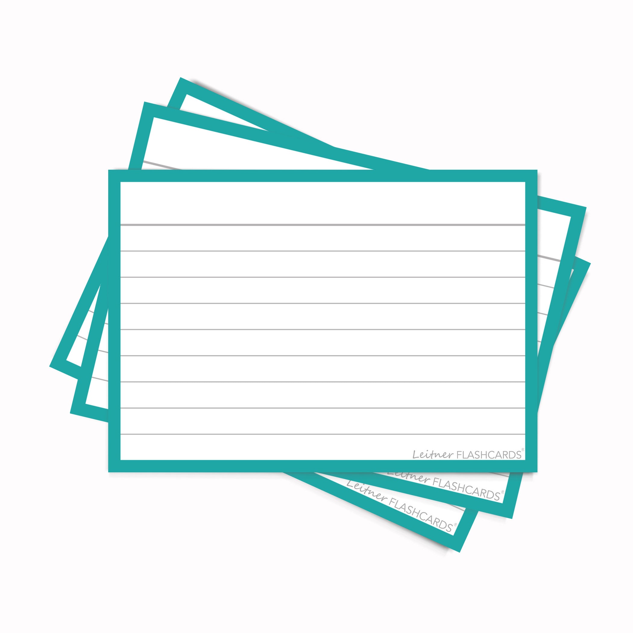 Stack of teal border A7 Leitner flashcards with lined paper on a white background