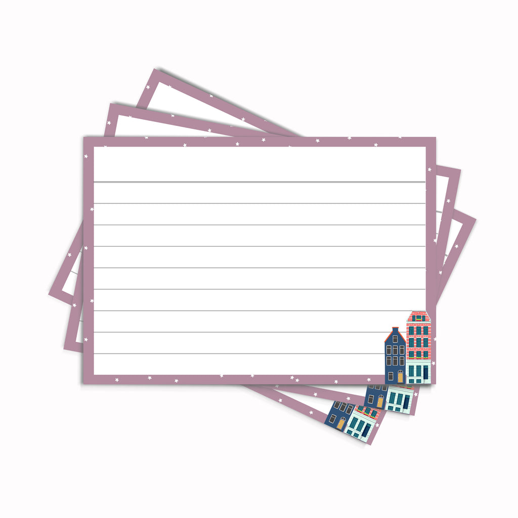Leitner Flashcards A7 Lined Dutch Style Houses lila